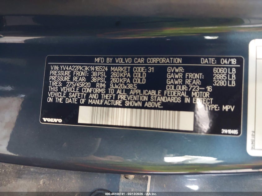 2019 Volvo Xc90 VIN YV4A22PK3K1416524 IAAI salvage auction — RIGHT SIDE, Salvage Title, sold $7,850 on 2026-09-09 (photo 9)