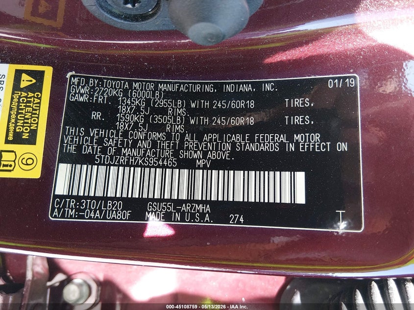 2019 Toyota Highlander VIN 5TDJZRFH7KS954465 IAAI salvage auction — FRONT END, Salvage (Illinois), sold $9,900 on 2026-07-28 (photo 9)