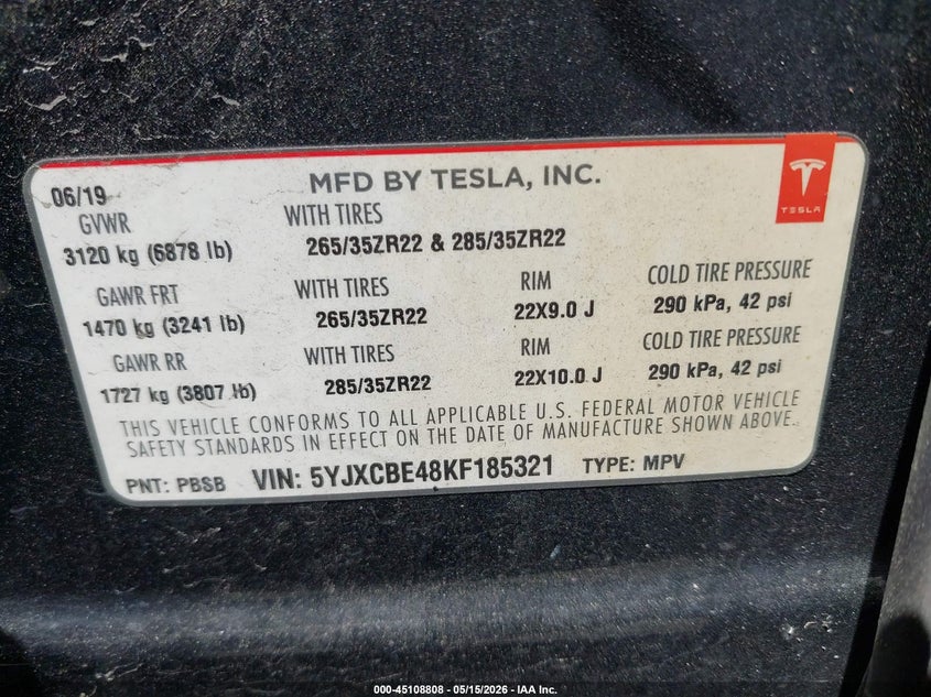 2019 Tesla Model x VIN 5YJXCBE48KF185321 IAAI salvage auction — SUSPENSION, Salvage (North Carolina), sold $14,700 on 2026-07-16 (photo 9)
