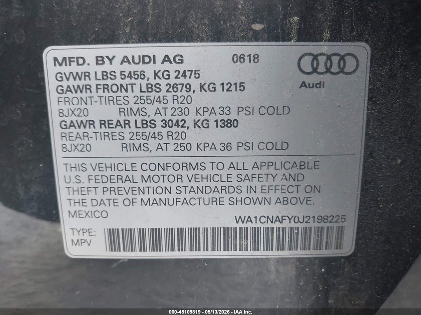 2018 Audi Q5 VIN WA1CNAFY0J2198225 IAAI salvage auction — FRONT END, Salvage (Georgia), sold $9,600 on 2026-07-09 (photo 9)