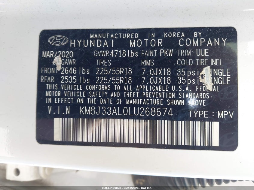2020 Hyundai Tucson VIN KM8J33AL0LU268674 IAAI salvage auction — RIGHT REAR, Salvage (North Carolina), sold $3,450 on 2026-07-08 (photo 9)