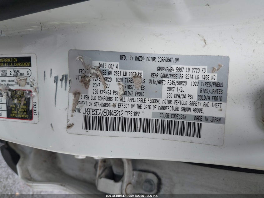 2014 Mazda Cx-9 VIN JM3TB3DAXE0445212 IAAI salvage auction — REAR END, Salvage (Oregon), sold $1,900 on 2026-07-07 (photo 9)
