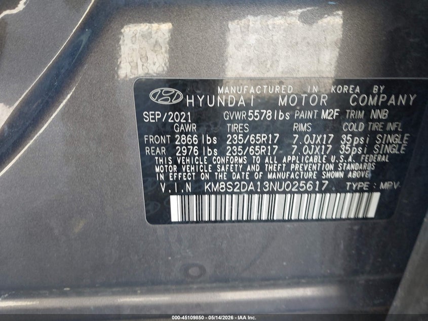 2022 Hyundai Santa fe VIN KM8S2DA13NU025617 IAAI salvage auction — RIGHT FRONT, Salvage (Georgia), sold $8,250 on 2026-07-24 (photo 9)