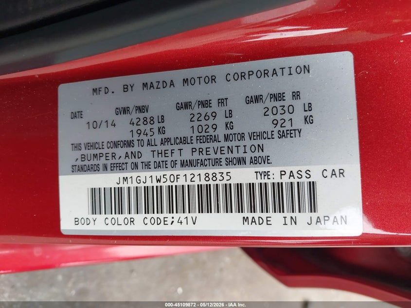 2015 Mazda 6 VIN JM1GJ1W50F1218835 IAAI salvage auction — FRONT END, Rebuildable (Florida), sold $1,450 on 2026-07-29 (photo 9)