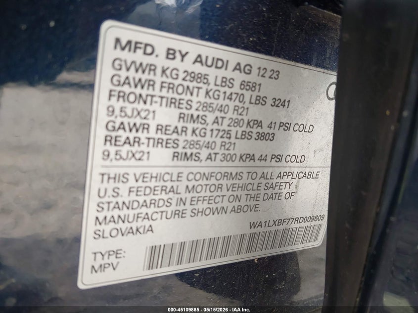 2024 Audi Q7 VIN WA1LXBF77RD009609 IAAI salvage auction — REAR END, Salvage (New Jersey), sold $9,000 on 2026-07-14 (photo 9)