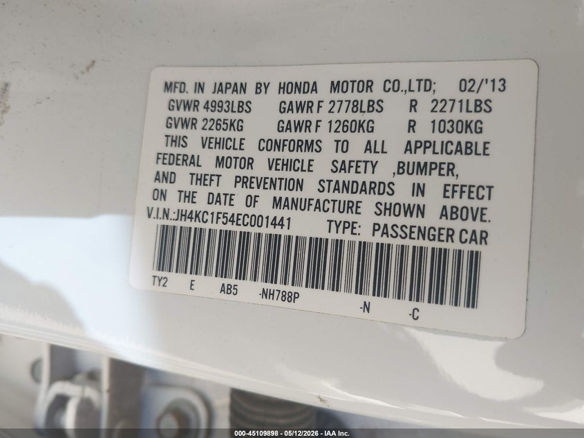 2014 Acura RLX VIN JH4KC1F54EC001441 IAAI salvage auction — VANDALISM, Salvage (Idaho), sold $2,050 on 2026-07-31 (photo 9)