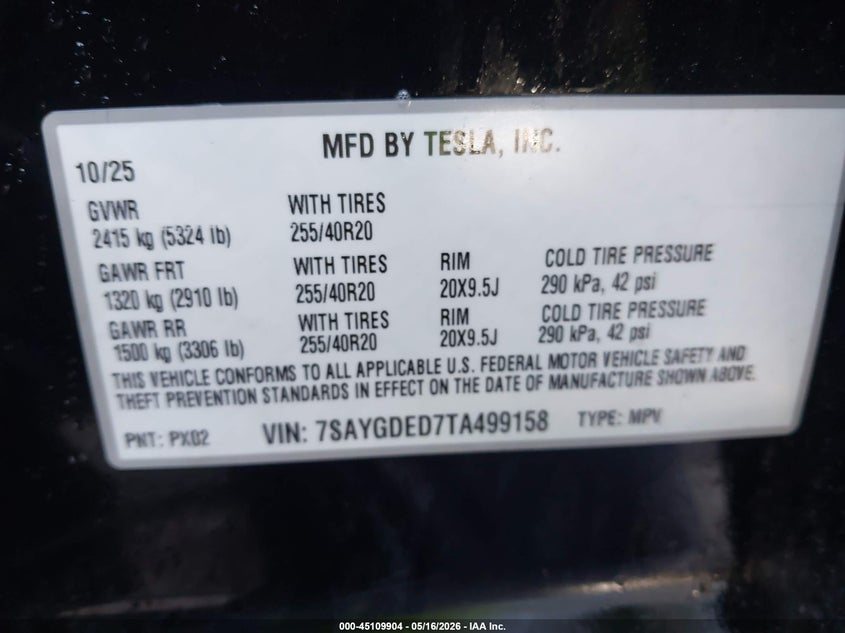 2026 Tesla Model y VIN 7SAYGDED7TA499158 IAAI salvage auction — FRONT & REAR, Salvage Title, sold $16,600 on 2026-07-12 (photo 9)