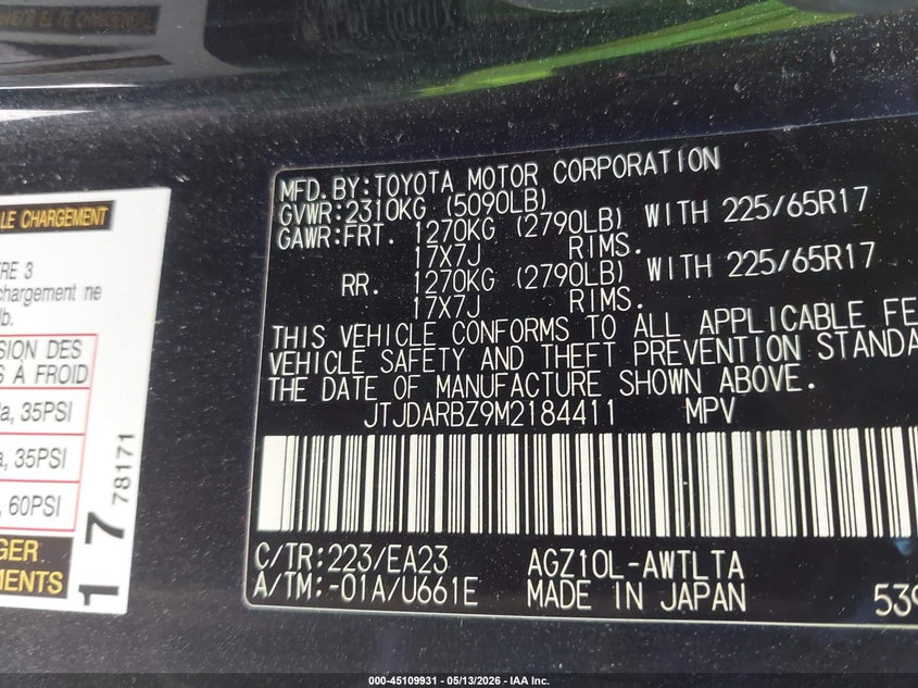 2021 Lexus Nx VIN JTJDARBZ9M2184411 IAAI salvage auction — RIGHT SIDE, Salvage (North Carolina), sold $8,400 on 2026-07-27 (photo 9)