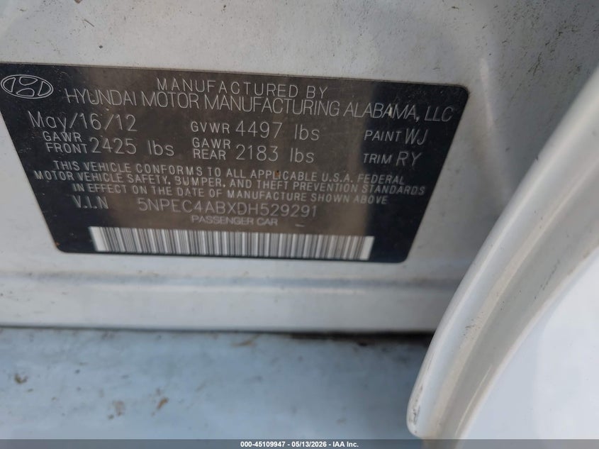 2013 Hyundai Sonata VIN 5NPEC4ABXDH529291 IAAI salvage auction — RIGHT FRONT, Clear (Oklahoma), sold $525 on 2026-07-08 (photo 9)