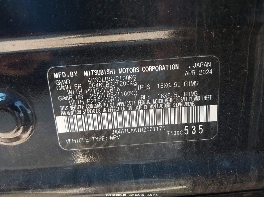 2024 Mitsubishi Eclipse cross VIN JA4ATUAA1RZ061175 IAAI salvage auction — HAIL, Clear Claim Paid (Wisconsin), sold $7,575 on 2026-07-08 (photo 9)