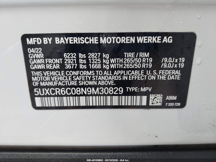 2022 BMW X5 VIN 5UXCR6C08N9M30829 IAAI salvage auction — RIGHT SIDE, Salvage (Nebraska), sold $21,300 on 2026-07-23 (photo 9)