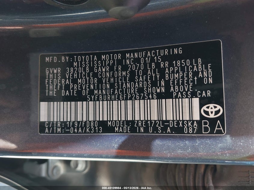 2015 Toyota Corolla VIN 5YFBURHE6FP267546 IAAI salvage auction — FRONT END, Salvage (Texas), sold $1,650 on 2026-07-16 (photo 9)
