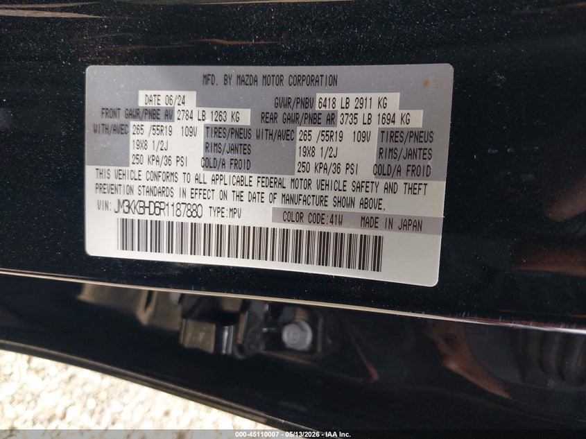 2024 Mazda Cx-90 VIN JM3KKBHD6R1187880 IAAI salvage auction — REAR END, Mv-907A (New York), sold $12,400 on 2026-07-07 (photo 9)