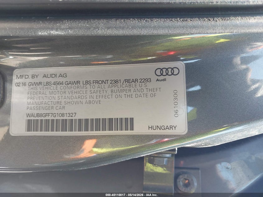 2016 Audi A3 VIN WAUB8GFF7G1081327 IAAI salvage auction — STORM DAMAGE, Original (Texas), sold $25 on 2026-07-28 (photo 9)