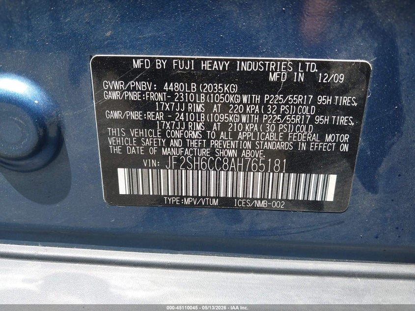 2010 Subaru Forester VIN JF2SH6CC8AH765181 IAAI salvage auction — SIDE, Salvage (North Carolina), sold $200 on 2026-07-10 (photo 9)