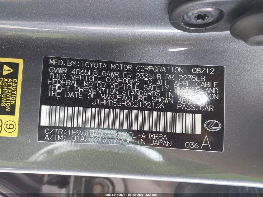 2012 Lexus Ct 200h VIN JTHKD5BH2C2122136 IAAI salvage auction — FRONT END, Clear (Michigan), sold $4,550 on 2026-07-07 (photo 9)