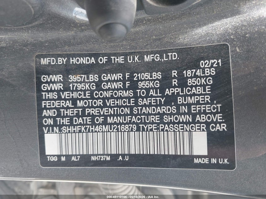 2021 Honda Civic VIN SHHFK7H46MU216879 IAAI salvage auction — REAR END, Salvage (Ohio), sold $5,100 on 2026-07-15 (photo 9)