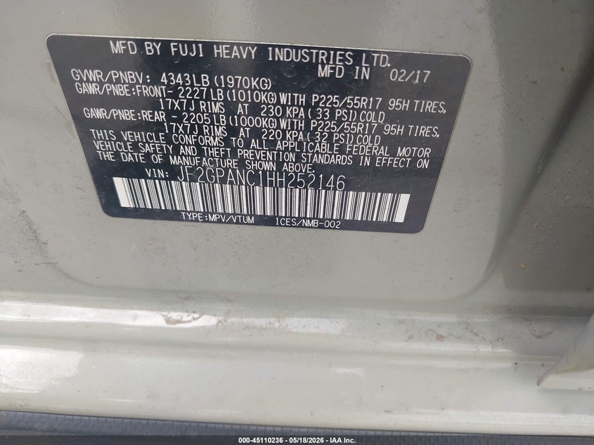 2017 Subaru Xv VIN JF2GPANC1HH252146 IAAI salvage auction — FRONT END, Salvage (Texas), sold $3,900 on 2026-07-10 (photo 9)