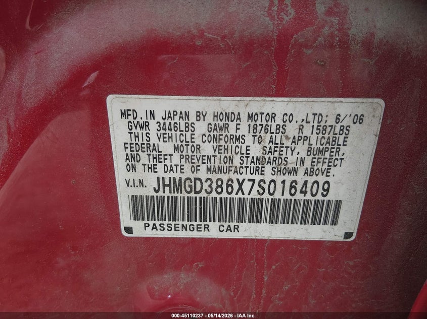 2007 Honda Fit VIN JHMGD386X7S016409 IAAI salvage auction — FRONT END, Certificate Of Title (Nebraska), sold $25 on 2026-07-23 (photo 9)