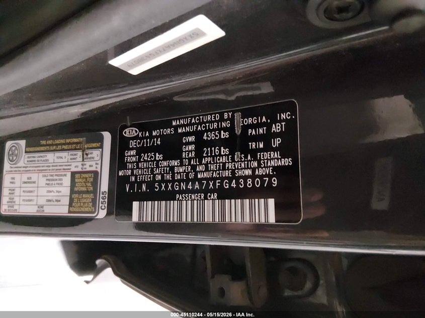 2015 Kia Optima VIN 5XXGN4A7XFG438079 IAAI salvage auction — FRONT END, Salvage (Illinois), sold $550 on 2026-07-07 (photo 9)