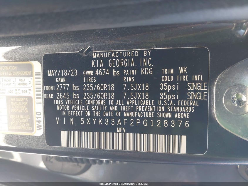 2023 Kia Sportage VIN 5XYK33AF2PG128376 IAAI salvage auction — FRONT END, Salvage (California), sold $6,500 on 2026-07-22 (photo 9)