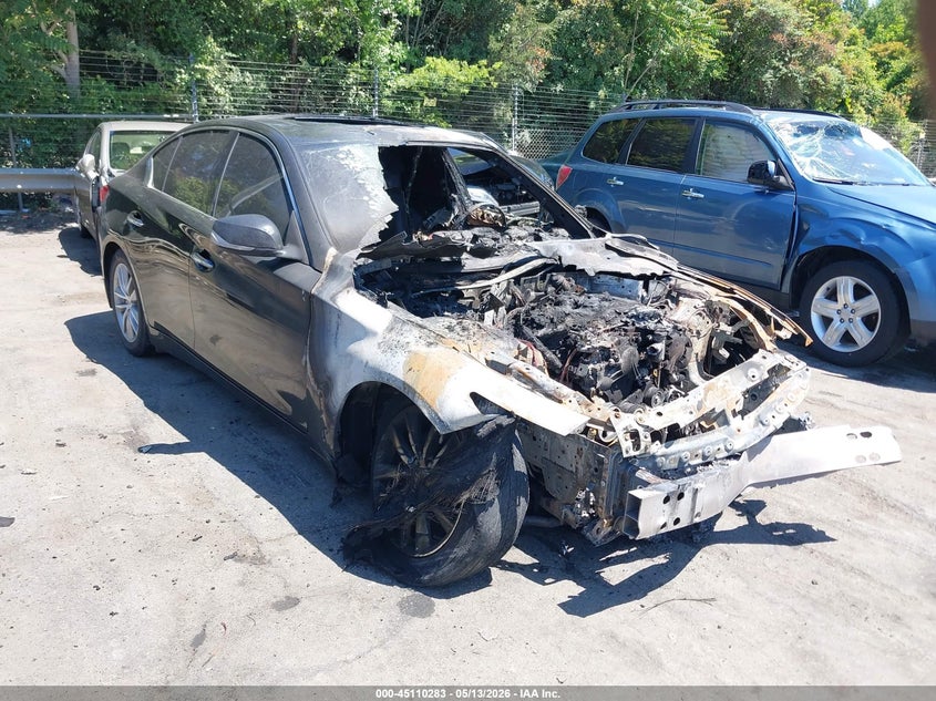 2014 Infiniti Q50 VIN JN1BV7AR9EM693895 IAAI salvage auction — Burn Engine, Junk Receipt (North Carolina), sold $425 on 2026-07-09 (photo 1)