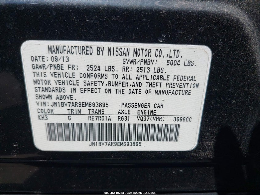 2014 Infiniti Q50 VIN JN1BV7AR9EM693895 IAAI salvage auction — Burn Engine, Junk Receipt (North Carolina), sold $425 on 2026-07-09 (photo 9)