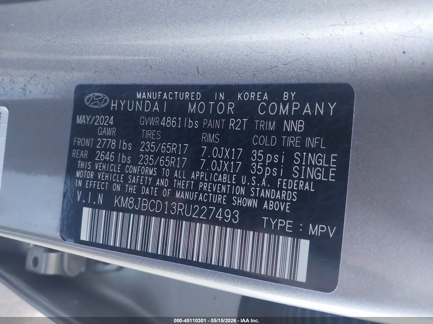 2024 Hyundai Tucson VIN KM8JBCD13RU227493 IAAI salvage auction — REAR END, Salvage (California), sold $8,400 on 2026-07-28 (photo 9)