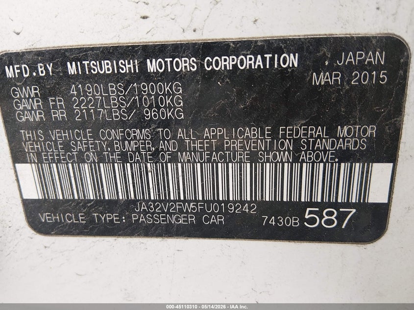 2015 Mitsubishi Lancer VIN JA32V2FW5FU019242 IAAI salvage auction — FRONT END, Salvage (Kentucky), sold $825 on 2026-07-20 (photo 9)