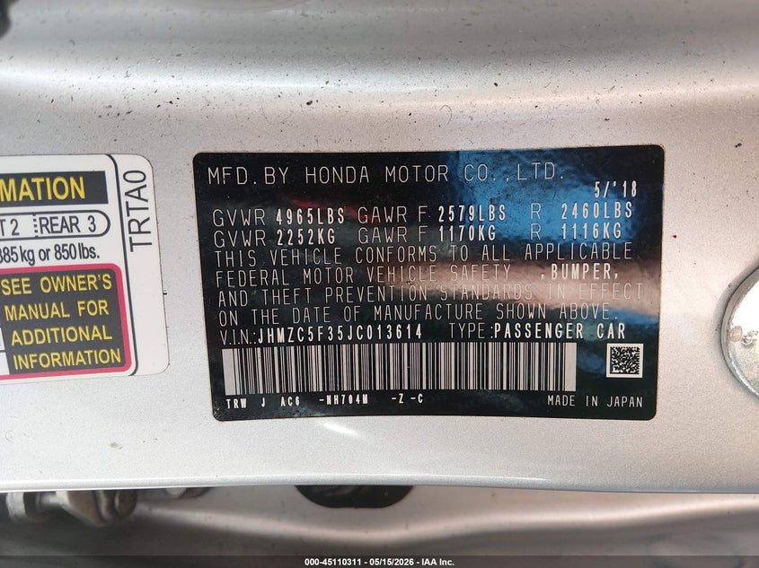 2018 Honda Clarity VIN JHMZC5F35JC013614 IAAI salvage auction — RIGHT SIDE, Salvage (Utah), sold $3,050 on 2026-07-09 (photo 9)