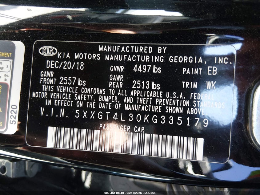 2019 Kia Optima VIN 5XXGT4L30KG335179 IAAI salvage auction — THEFT, Clear (California), sold $2,050 on 2026-07-16 (photo 9)