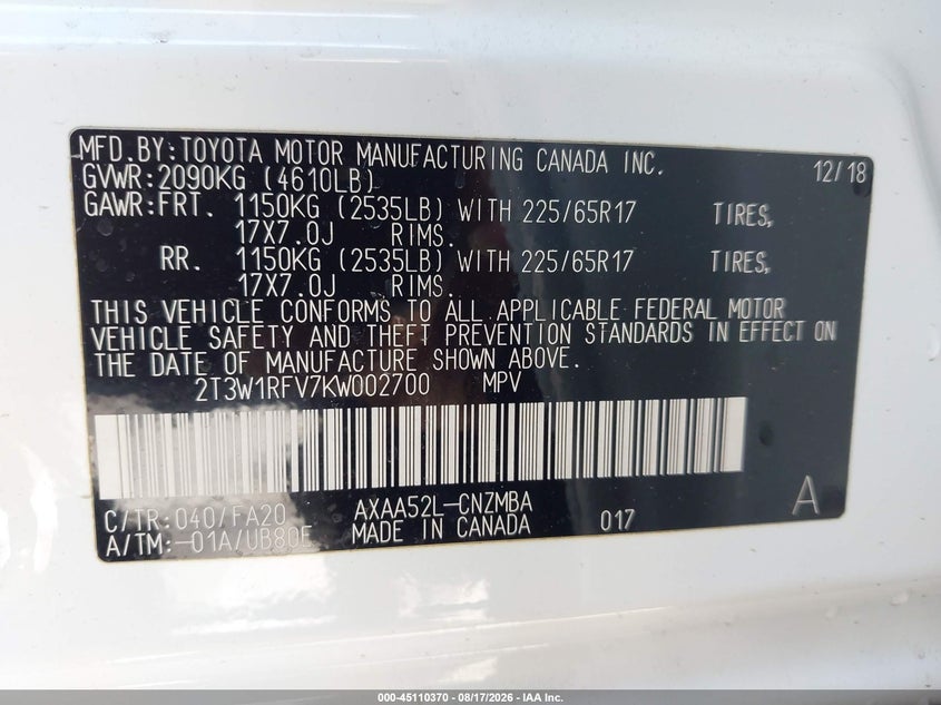 2019 Toyota Rav4 VIN 2T3W1RFV7KW002700 IAAI salvage auction — LEFT REAR, Salvage (California), sold $11,250 on 2026-09-02 (photo 9)