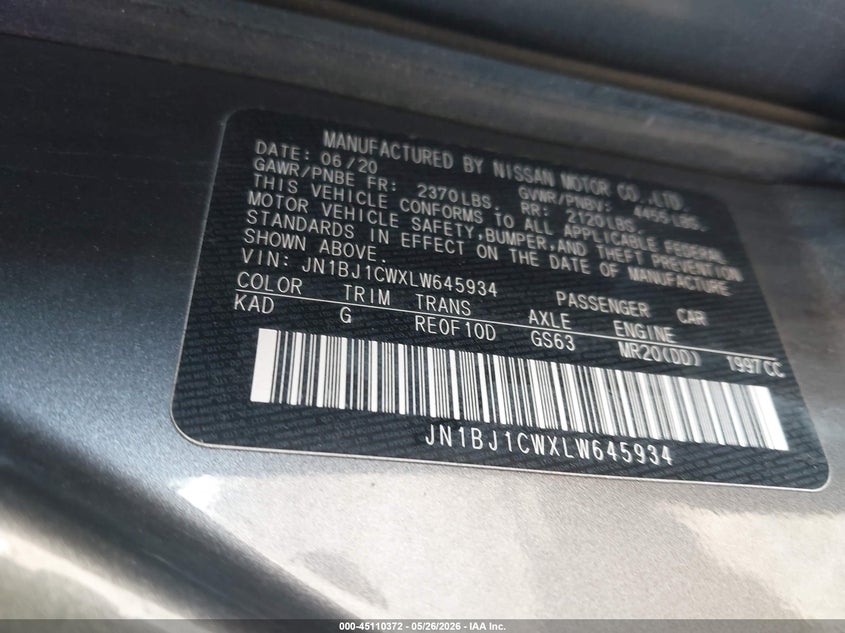 2020 Nissan Rogue VIN JN1BJ1CWXLW645934 IAAI salvage auction — FRONT END, Salvage Title, sold $1,350 on 2026-07-18 (photo 9)