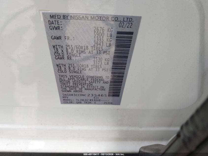 2022 Nissan Pathfinder VIN 5N1DR3CC0NC235465 IAAI salvage auction — RIGHT FRONT, Wait Title, sold $8,200 on 2026-08-27 (photo 9)