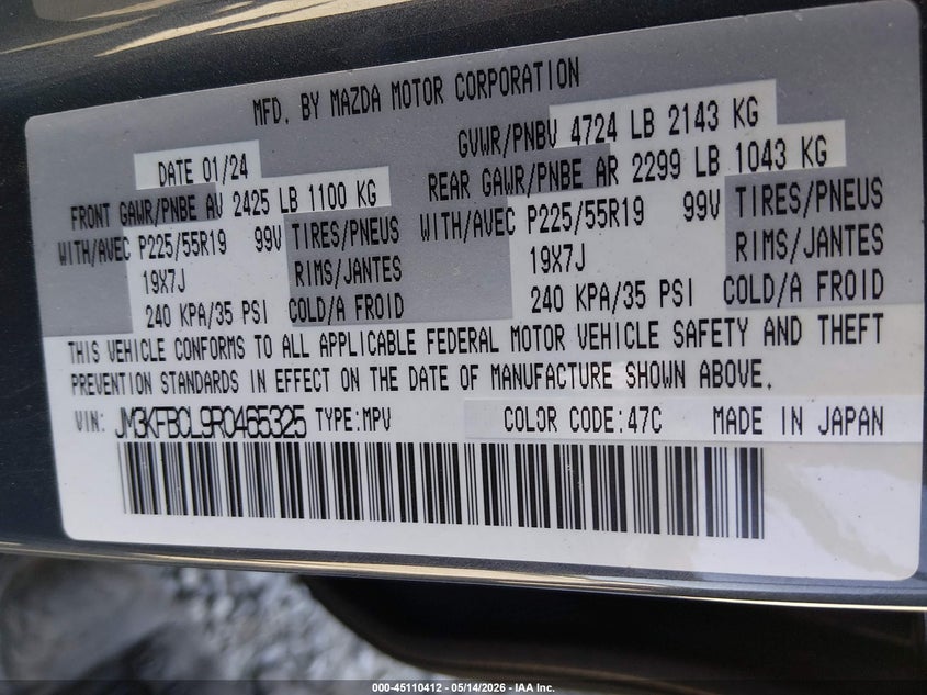 2024 Mazda Cx-5 VIN JM3KFBCL9R0465325 IAAI salvage auction — FRONT & REAR, Salvage Title, sold $1,600 on 2026-07-29 (photo 9)