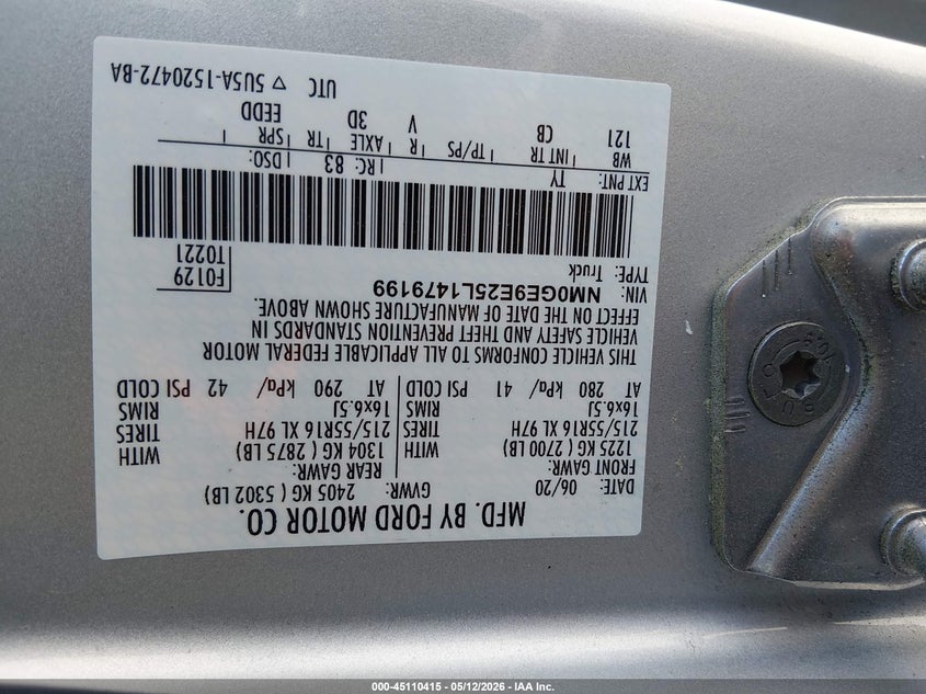 2020 Ford Transit connect VIN NM0GE9E25L1479199 IAAI salvage auction — NORMAL WEAR, Sf97 (North Carolina), sold $10,100 on 2026-07-20 (photo 9)