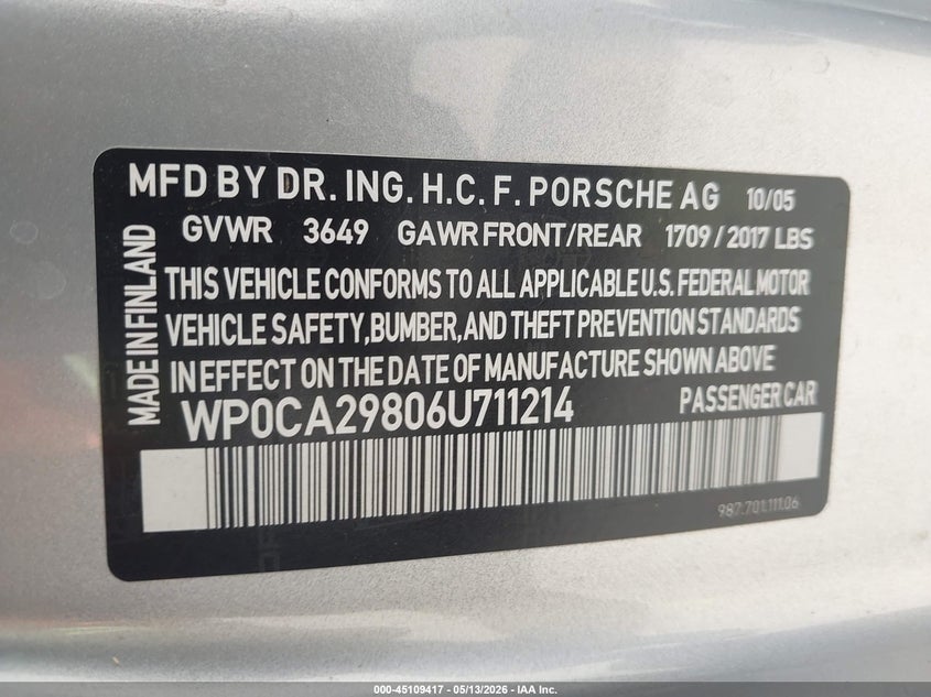 2006 Porsche Boxster VIN WP0CA29806U711214 IAAI salvage auction — REAR END, Salvage (Texas), sold $6,000 on 2026-07-06 (photo 9)