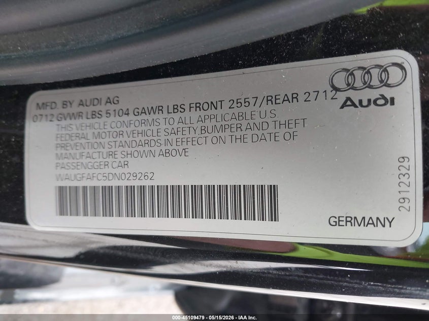 2013 Audi A6 VIN WAUGFAFC5DN029262 IAAI salvage auction — WATER/FLOOD, Salvage (Illinois), sold $475 on 2026-07-08 (photo 9)