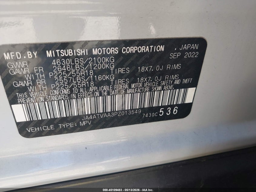 2023 Mitsubishi Eclipse cross VIN JA4ATVAA3PZ013549 IAAI salvage auction — FRONT END, Certificate Of Destruction (Florida), sold $1,200 on 2026-07-08 (photo 9)