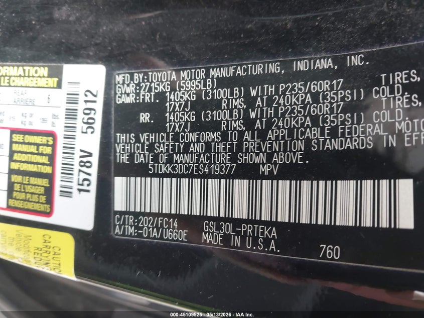 2014 Toyota Sienna VIN 5TDKK3DC7ES419377 IAAI salvage auction — FRONT END, Junk Bill Of Sale Mv2459 (Wisconsin), sold $675 on 2026-07-14 (photo 9)