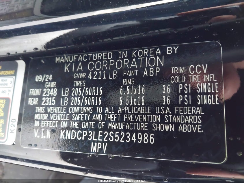 2025 Kia Niro VIN KNDCP3LE2S5234986 IAAI salvage auction — FRONT END, Salvage (California), sold $6,600 on 2026-07-08 (photo 9)