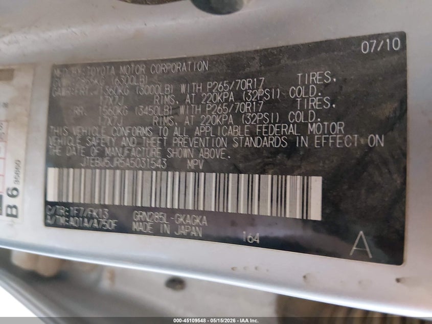 2010 Toyota 4runner VIN JTEBU5JR5A5031543 IAAI salvage auction — FRONT END, Salvage (Colorado), sold $2,650 on 2026-07-29 (photo 9)
