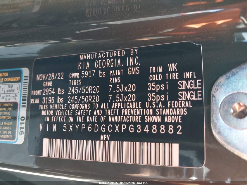 2023 Kia Telluride VIN 5XYP6DGCXPG348882 IAAI salvage auction — FRONT END, Salvage (Georgia), sold $7,100 on 2026-07-21 (photo 9)