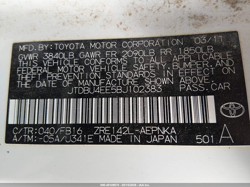 2011 Toyota Corolla VIN JTDBU4EE5BJ102383 IAAI salvage auction — LEFT FRONT, Salvage (Kansas), sold $1,050 on 2026-07-31 (photo 9)