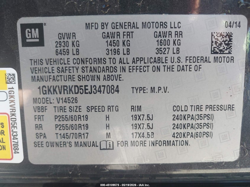 2014 Gmc Acadia VIN 1GKKVRKD5EJ347084 IAAI salvage auction — FRONT END, Salvage (Utah), sold $400 on 2026-07-09 (photo 9)