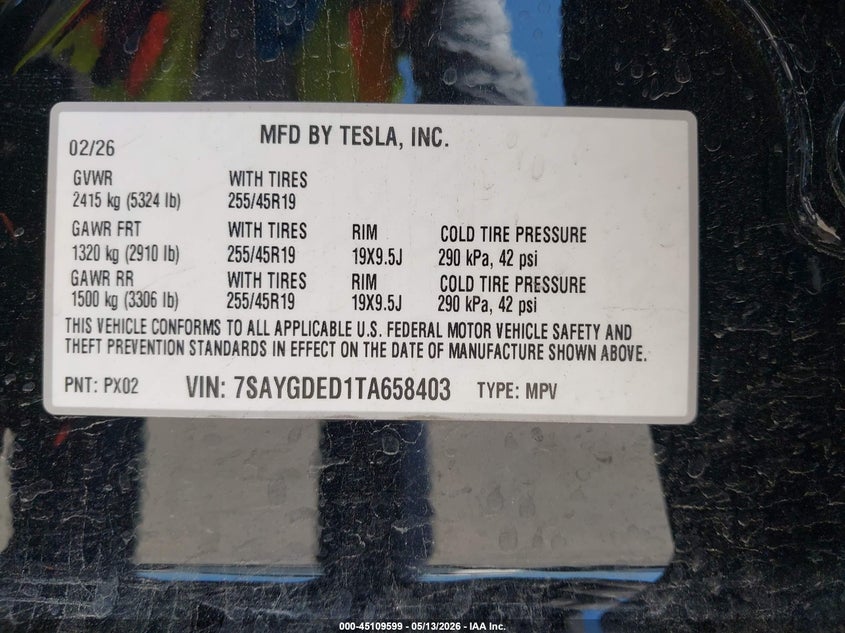 2026 Tesla Model y VIN 7SAYGDED1TA658403 IAAI salvage auction — LEFT & RIGHT, Salvage Title, sold $15,575 on 2026-07-22 (photo 9)