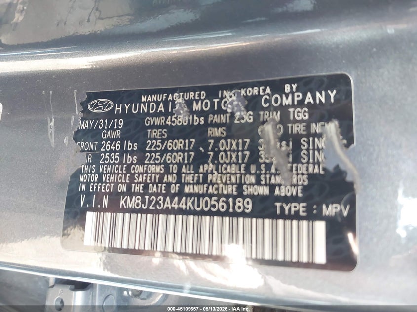 2019 Hyundai Tucson VIN KM8J23A44KU056189 IAAI salvage auction — FRONT END, Salvage (Illinois), sold $1,800 on 2026-07-29 (photo 9)