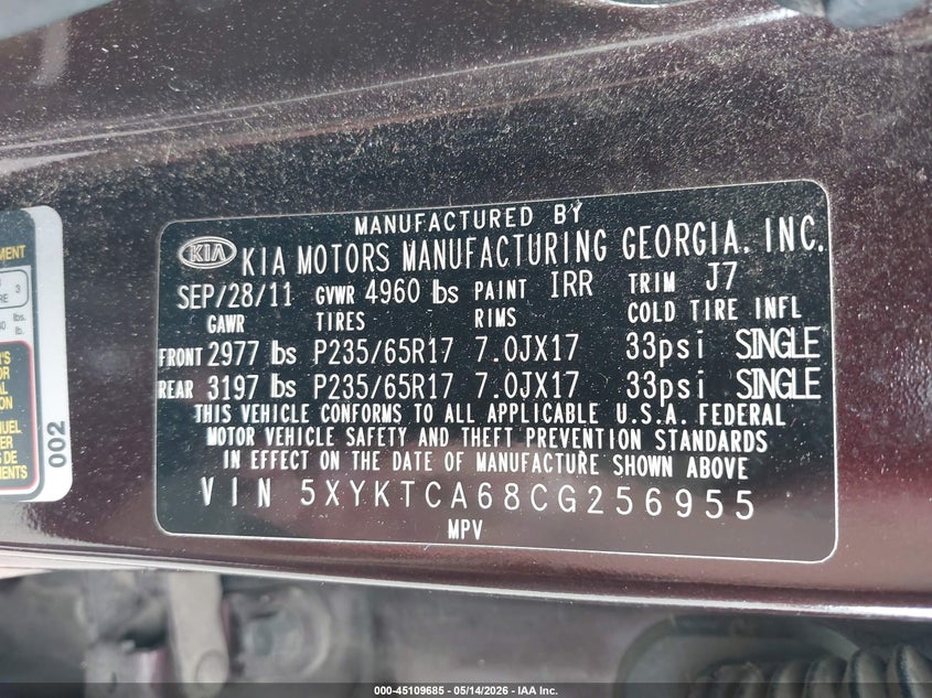 2012 Kia Sorento VIN 5XYKTCA68CG256955 IAAI salvage auction — FRONT END, Salvage (Oregon), sold $600 on 2026-07-16 (photo 9)