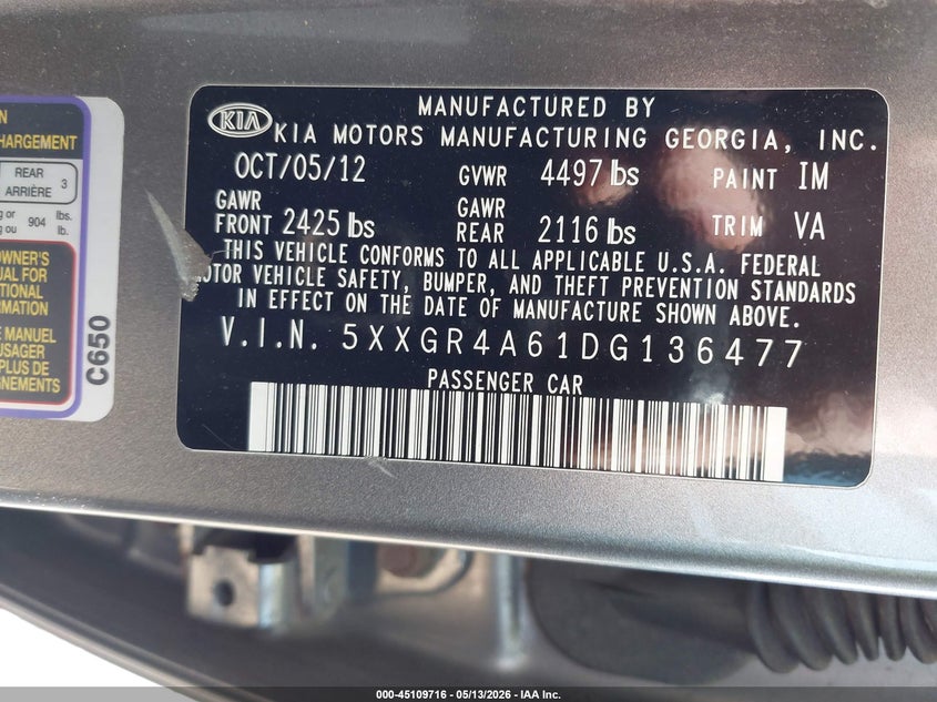 2013 Kia Optima VIN 5XXGR4A61DG136477 IAAI salvage auction — FRONT END, Salvage (Idaho), sold $1,550 on 2026-07-15 (photo 9)