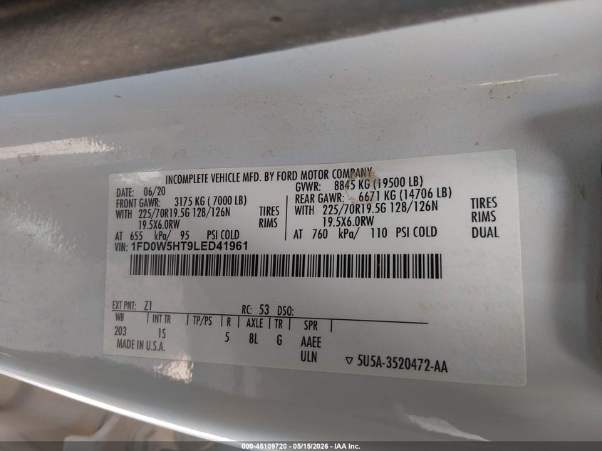 2020 Ford F550 VIN 1FD0W5HT9LED41961 IAAI salvage auction — NORMAL WEAR, Clear (New Mexico), sold $47,750 on 2026-07-22 (photo 9)